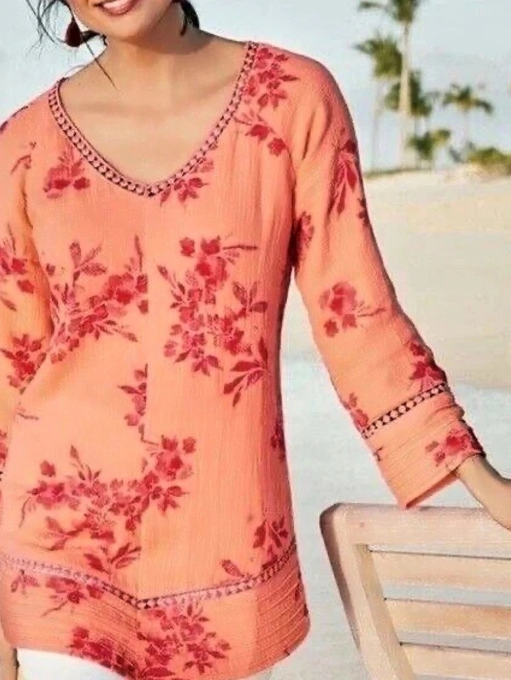 Soft Surroundings Floral Boho Size Med Garden Gauze V-Neck